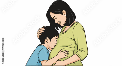 Pregnant mother embraces son, tender moment of anticipation for new life