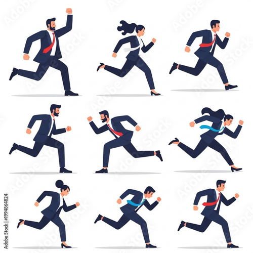 A set of nine cartoon business people running in different poses
