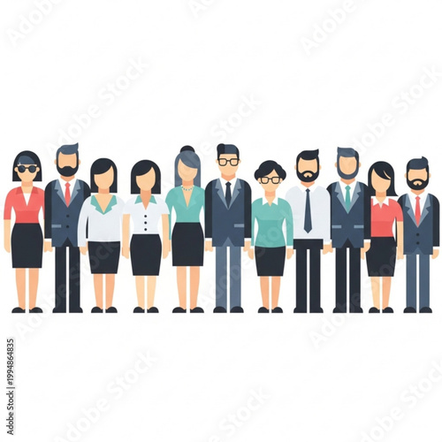 A diverse group of cartoon business people standing in a line