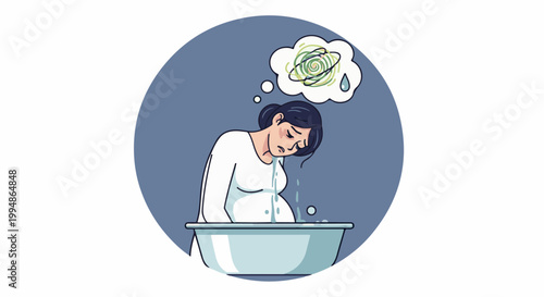 Pregnant woman feeling unwell, bending over a basin, with a thought bubble showing dizziness