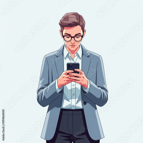 A cartoon man in a blue suit jacket and glasses looking at his phone on a light blue background