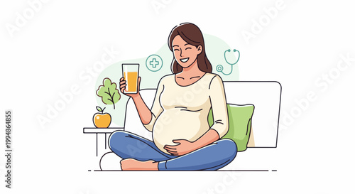 Pregnant woman sits cross-legged holding orange juice, with health symbols