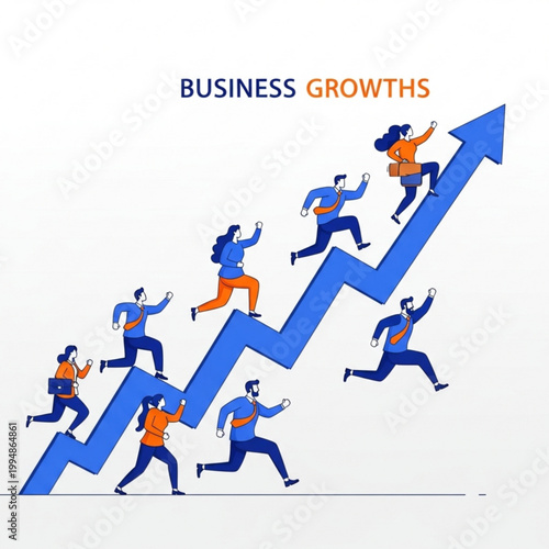 Business growth concept with people running up a blue arrow