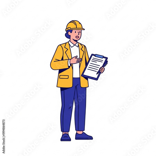 A cartoon illustration of a man in a yellow hard hat and jacket holding a clipboard and pen standing
