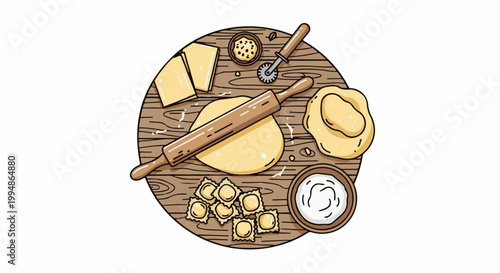 Preparing fresh ravioli with cheese, flour, and dough on a wooden board