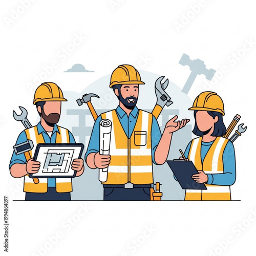 Three construction workers in yellow hard hats and vests with tools and blueprints