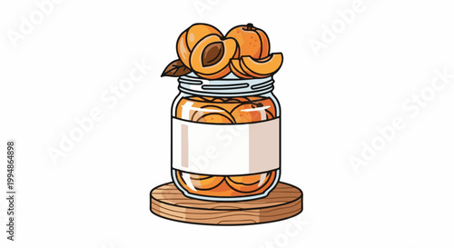 Preserved apricots in a glass jar, topped with whole and sliced fruits on a wooden base