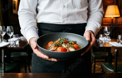 Chef holding Acqua Pazza, showcasing fish poached with tomato garlic herbs in restaurant setting. Concept of warm, inviting atmosphere with emphasis on culinary presentation.
