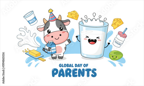 Festive cartoon cow and milk celebrating global parents day with kid friendly