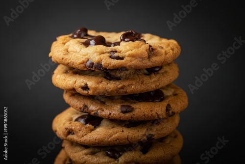 Stacked Chocolate Chip Cookies on a Dark Surface Ready to Be Enjoyed With Mil...
