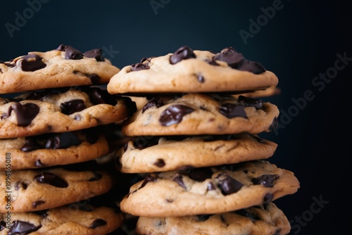 Freshly Baked Chocolate Chip Cookies Stacked on a Dark Background