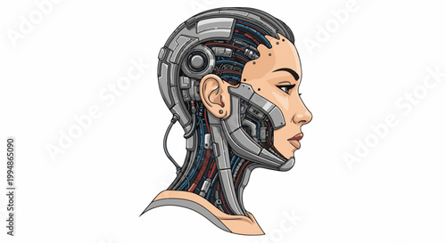 Profile of a futuristic female android head with visible internal robotic mechanisms
