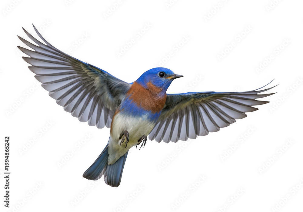 Fototapeta premium A vibrant blue and orange bird captured in mid-flight with wings spread wide isolated on transparent background