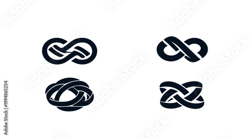 Four black infinity symbol designs rendered in different knotted forms on a white background