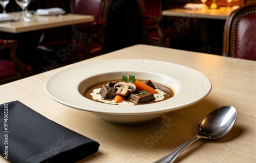 Bowl of Blanquette de Veau on wooden table, rich veal stew with cream, mushrooms, carrots. Concept of cozy restaurant atmosphere, warm lighting enhancing dish details. 