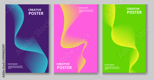 Three colorful creative poster templates with wavy designs and sample text on a light gray background