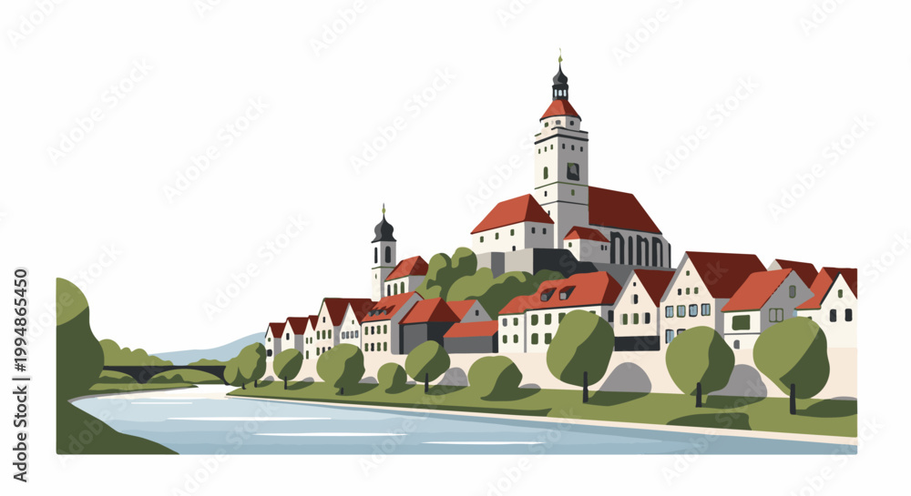 Naklejka premium Pixel art illustration of a picturesque European town on a hill overlooking a river