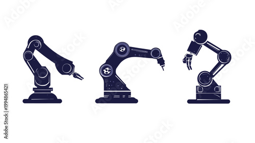 Three stylized robotic arms in dark blue with a rough texture are arranged on a white background