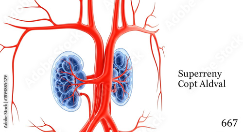An anatomical illustration of the human kidney and its blood vessels in a medical context