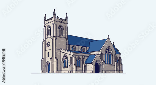 Pixelated stone building with blue pitched roofs and arched windows. Clock face on tower