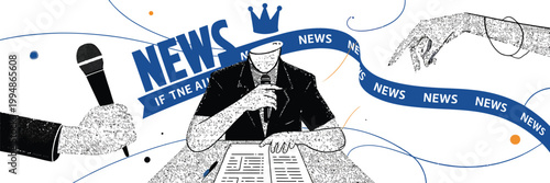 Trendy halftone collage megaphone laptop hands social media news propaganda pop art vector illustration