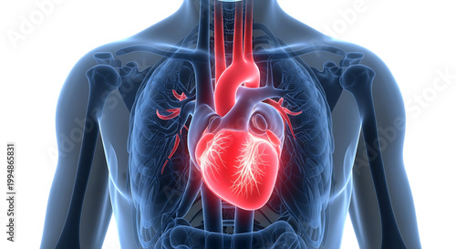 A medical illustration of a human body with a glowing red heart and transparent skin showing the internal organs and skeletal system.