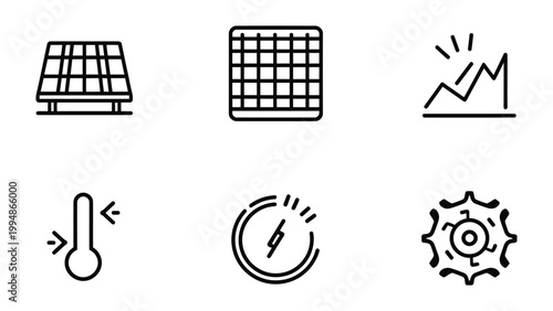 Solar Energy Icons: Collection of simple, yet striking icons representing sustainable energy, energy conversion, and related concepts.