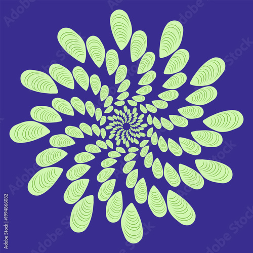 Fractal with green mussel seashells on a blue background
