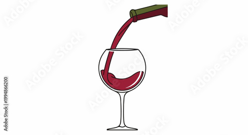 Red liquid pours from a bottle into a rounded wine glass