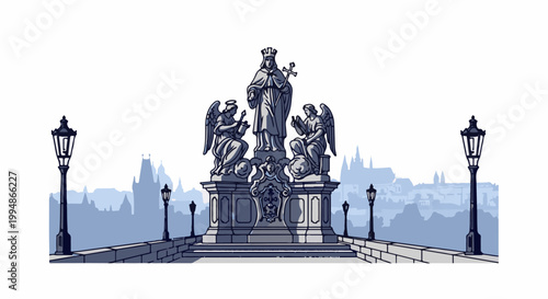 Pixel art depicts a stone monument with angelic figures and a crowned figure, flanked by historic lamps on a bridge