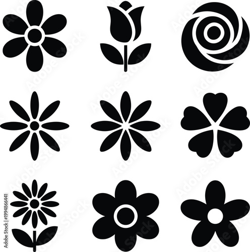 A diverse collection of nine minimalist black and white flower icons, showcasing various floral designs for graphic use