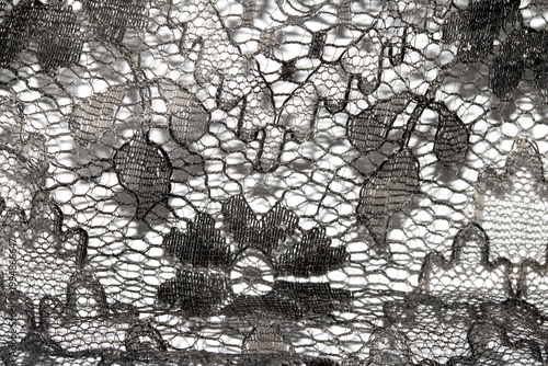 Close up of vintage black gothic lace fabric white on black background embroidery