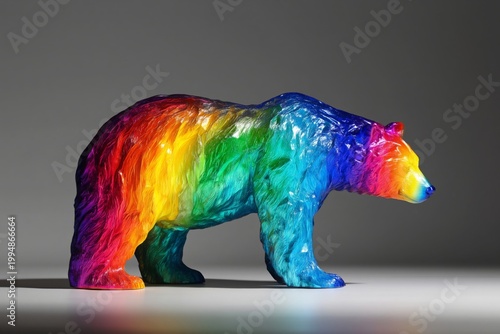 Colorful Bear Sculpture Created From Resin Stands on Table With Simple Backgr...