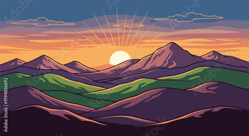 Pixel art depiction of a serene mountain landscape at sunset with vibrant orange and purple hues
