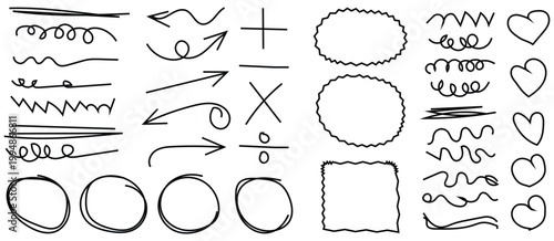 Hand drawn doodle design elements, charcoal or pencil drawn punctuation marks. Scribble doodle underline emphasis line shape set.