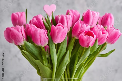 Bright Pink Tulips Arranged in a Vase With a Heart Decoration on Top for a Sp...