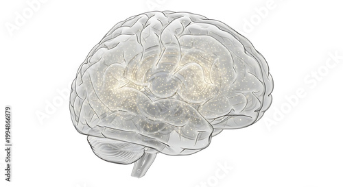 A detailed vector illustration of a human brain with a transparent and semi-transparent design