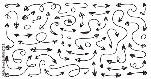 Collection of hand drawn doodle arrows and circles in black ink on a simple page showing various shapes sizes and directions for creative design projects and decorative sketching elements