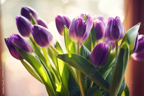 Purple Tulips Arranged in a Vase With Soft Sunlight Shining Through a Window ...