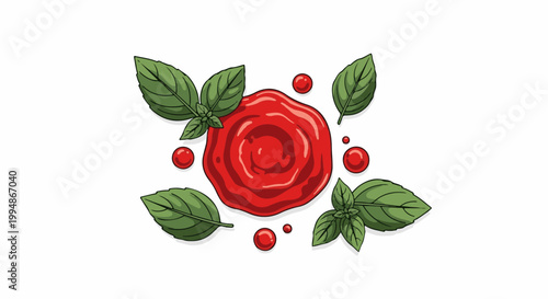 Red sauce splash with basil leaves and droplets