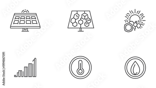 Renewable Energy Icons: A collection of meticulously crafted, clean, and modern line icons representing solar panels, sun, energy and other renewable energy resources. 