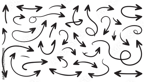 Set of hand drawn black arrows with various shapes and directions for design projects