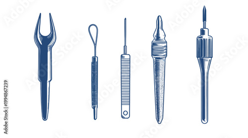 Blue line drawing of five different surgical instruments on a white background