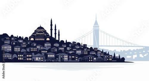 Pixel art cityscape with mosque and bridge