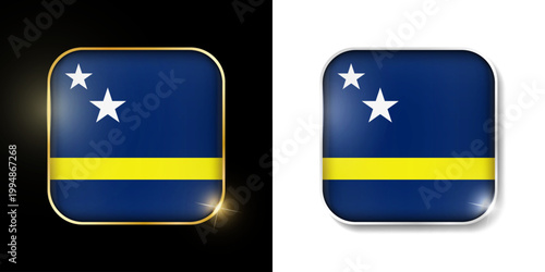 Curacao flag shiny golden and silver icons isolated on black and white. Vector 3D square rounded illuminated buttons with shadow. Use for bets, tournament, sport games