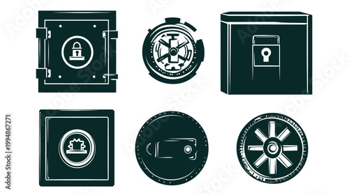 Assortment of six stylized illustrations of security-related elements. Depictions of lockboxes, gears, and wheels