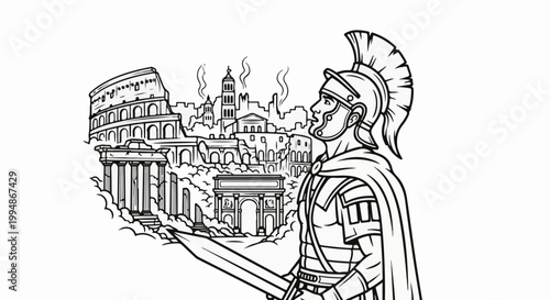 Roman soldier in armor with sword stands before ancient Roman cityscape
