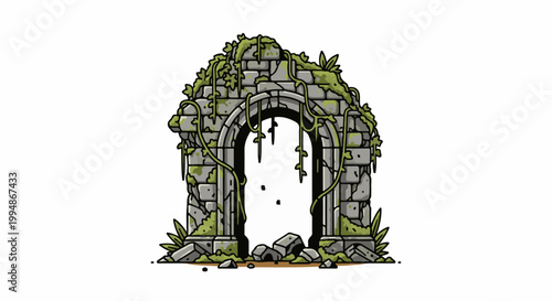 Pixelated ancient stone archway overgrown with moss and vines, showing signs of decay and ruin