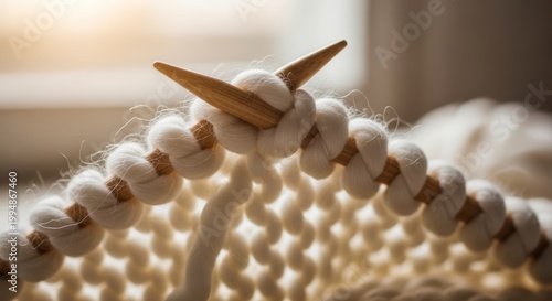Close up of knitting needles with chunky white yarn creating a cozy fabric.