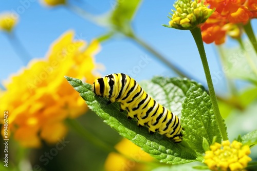 Caterpillar on Green Leaf Among Colorful Flowers in a Sunny Garden Setting